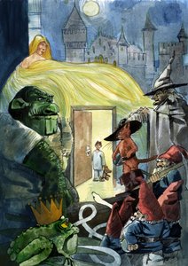 Un enfant regardant les personnages des contes de fées comme le Chat botté, une princesse et un crapaud, les Sept Nains