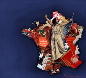 Une marianne sur fond de collage communiste. Allégorie du communisme en France. 2010