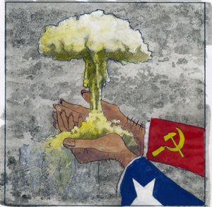Représentation allégorique de la guerre froide comme des mains américaines et soviétiques tenant le nuage atomique