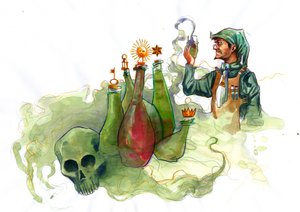 Un alchimiste dans son laboratoire entouré de fioles et d