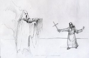 Combat entre un moine tenant un crucifix et un fantôme - Alessandro Lonati