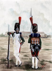 Premier Empire (1804-1814 et 1815) : soldats grenadiers de la Garde Royale de la Grande Armée Napoléonienne sur la place du Château Sforzesco à Milan, Italie - Alessandro Lonati