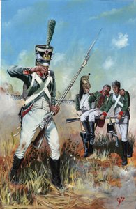 Premier Empire (1804-1814 et 1815) : soldats de la grande armée napoléonienne en Italie aidant un camarade blessé. Dessin par Alessandro Lonati