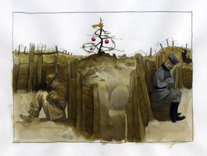 Première Guerre mondiale : la solitude de deux soldats ennemis, britannique (à gauche) et allemand dans la tranchée, à Noël 1914-1918.
