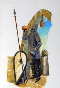 Première croisade : un chevalier au repos, équipé de son haubert, buvant à la carafe, son bouclier et sa lance sont placés près de lui. - Alessandro Lonati