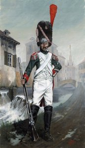 Premier Empire (1804-1814 et 1815) : soldats grenadiers italiens près du canal de Milan avec la cathédrale en arrière-plan. Dessin par Alessandro Lonati