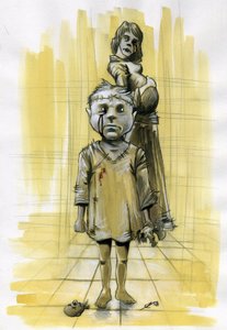 Illustration de science-fiction : zombies ou esprits fantômes, évoquant le cauchemar, montrent un enfant avec son crâne cousu avec une poupée décapitée et en arrière-plan une mère enceinte