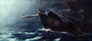 Créature légendaire : dragon attaquant un drakkar (bateau viking).