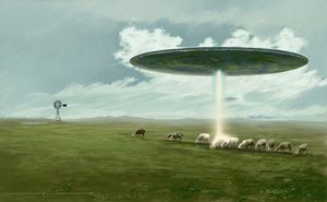 Phénomène mystérieux : une soucoupe volante (extraterrestre ou OVNI) enlevant un mouton (abduction). Dessin par Alessandro Lonati