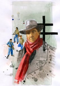 Portrait de Jean Moulin, membre éminent de la Résistance en France pendant la Seconde Guerre mondiale. Illustration par Alessandro Lonati