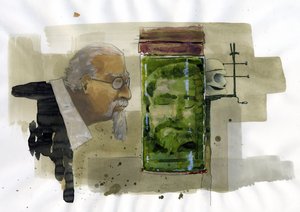 Portrait du criminologue italien regardant sa propre tête conservée dans du formol Illustration par Alessandro Lonati