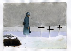Première Guerre mondiale : un soldat français dans une tombe de guerre regardant les croix