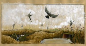 Première Guerre mondiale : un pigeon voyageur portant un message ciblé par un soldat allemand dans une tranchée cherchant à récupérer un message 1914-1918