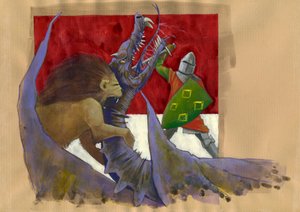 Yvain, le Chevalier au Lion combattant le dragon. Illustration par Alessandro Lonati
