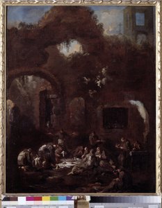 Frères capucins à table parmi les ruines