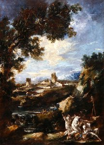 Paysage avec des Carmélites priant à un sanctuaire au bord de la route, vers 1720 - Alessandro Magnasco