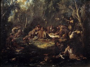 Scène de vie monastique Moines déjeunant, priant et lisant dans un sous-bois. Peinture par Alessandro Magnasco - Alessandro Magnasco