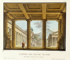 Portique du Grand Théâtre de Pompéi, en arrière-plan le Vésuve Scénographie pour la représentation de l