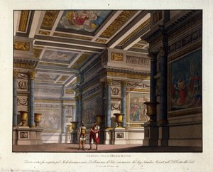 Scénographie par Alessandro Sanquirico (1777-1849) pour « La Clémence de Tito » de Wolfgang Amadeus Mozart (1756-1791) montée à La Scala de Milan en 1819 et représentant la salle du Palais Royal de Tito