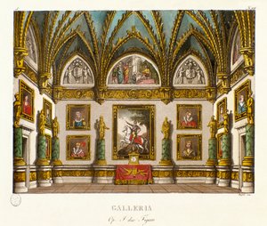 Vue de la galerie décorée de peintures. Scénographie pour l