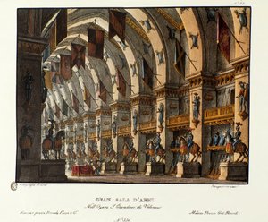 Vue de la grande salle des armes Scénographie pour la représentation de l