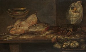 Nature morte avec poissons, homard et huîtres sur une table à proximité - Alexander Adriaenssen