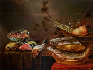 Nature morte avec poissons, oiseaux et fruits
