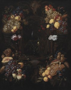 Cartouche avec guirlandes de fruits et un verre de vin - Alexander Coosemans
