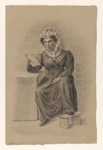 Femme assise avec le pied sur un tabouret, lisant une lettre