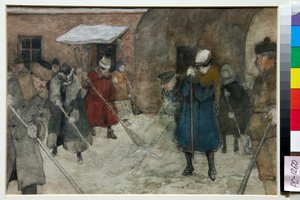 Des gens balayent la neige dans une rue en hiver - Alexander Vakhrameyev