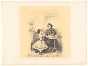Intérieur avec une fille tendant un livre à sa mère