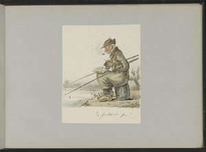 Homme pêchant, tricotant, fumant et lisant au bord de l
