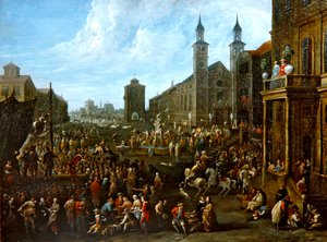 Scène de marché avec des artistes de rue et d