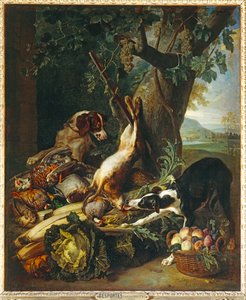 Gibier mort, legumes, fruits et deux chiens - Dead game, vegetables, fruits and two dogs ...