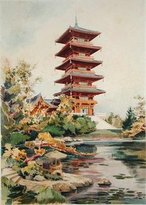 Tour japonaise dans le parc royal de Laeken, Belgique, de Orientalisme et Architecture Contemporaine, gravé par Jules Adolphe Chauvet - Alexandre Auguste Louis Marcel