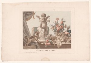 Nature morte sur une table avec un chien et une statue de Cupidon