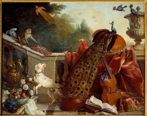 Animaux, fleurs et fruits. Un chien, un singe jouant du violon, un paon, un perroquet, un oiseau de paradis, des instruments à cordes. Peinture de François Desportes (1661-1743) 1717. Dim : 1,24 x 2,31 m. Grenoble, Musée des Beaux-Arts