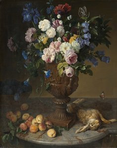 Urne de fleurs avec fruits et lièvre