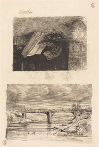 Paysage fluvial avec un pont; Singe feuilletant un livre
