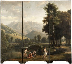 Paysage arcadien avec des jeunes filles cueillant des fleurs au bord d