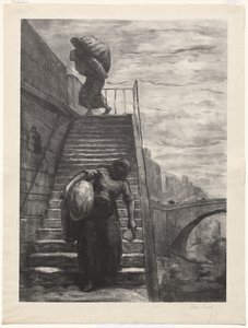 Blanchisseuses descendant un escalier de quai