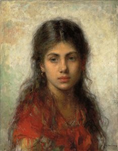 Fille avec un Châle Rouge - Alexei Alexevich Harlamoff