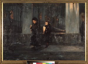 Le jeudi saint. Deux petites filles, tenant des cierges, le soir, se dirigeant vers l