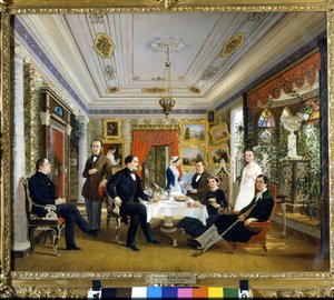 La table de thé. Peinture de Voloskov Aleksej Jakovlevic (1822 - 1882) - Alexei Yakovlevich Voloskov