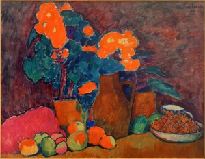 Nature morte avec fleurs, fruits et bouteille