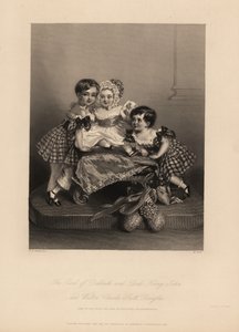 Comte de Dalkeith (William Henry), Henry John et Walter Charles Scott Douglas, fils du 5e duc de Buccleuch, 7e duc de Queensberry. Deux fils portent des robes en tartan avec des rubans, le plus jeune porte un bonnet et une robe en satin. Gravure en acier p