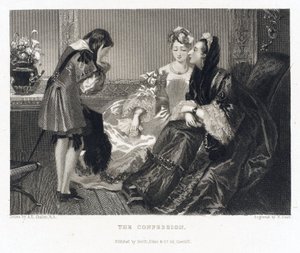 La confession, se rapportant à une histoire du même titre, une femme portant une grande robe noire se penche en avant pour entendre la confession d