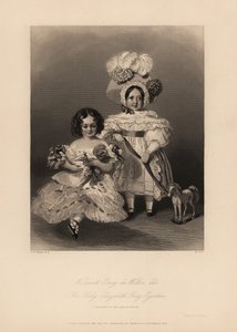 Vicomte Grey de Wilton et Elizabeth Grey Egerton, enfants de Thomas Egerton, 2e comte de Wilton. Fille avec des boucles et une robe à volants tenant une poupée, et fils en robe et bonnet à plumes tenant un ruban attaché à un cheval jouet. Gravure en acier 