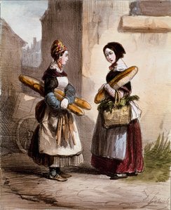 Petits métiers : la boulangerie. Jeune marchand de pain ambulant. Gravure par Alfred Andre Geniole de « Les femmes de Paris » 1841-1842 Paris, Musée Carnavalet