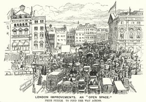Caricature de Punch : Améliorations de Londres. Un "espace ouvert" - congestion du trafic dans le Londres victorien (gravure) - Alfred Chantrey Corbould